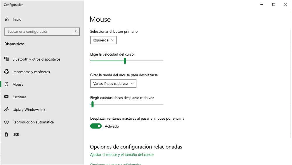 Opciones de configuración del scroll del ratón