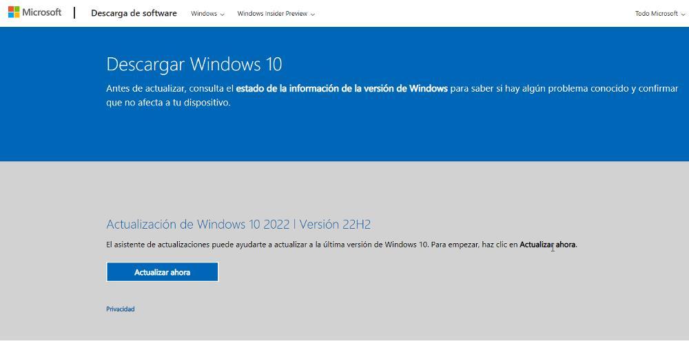 Web de Microsoft para descargar Windows 10